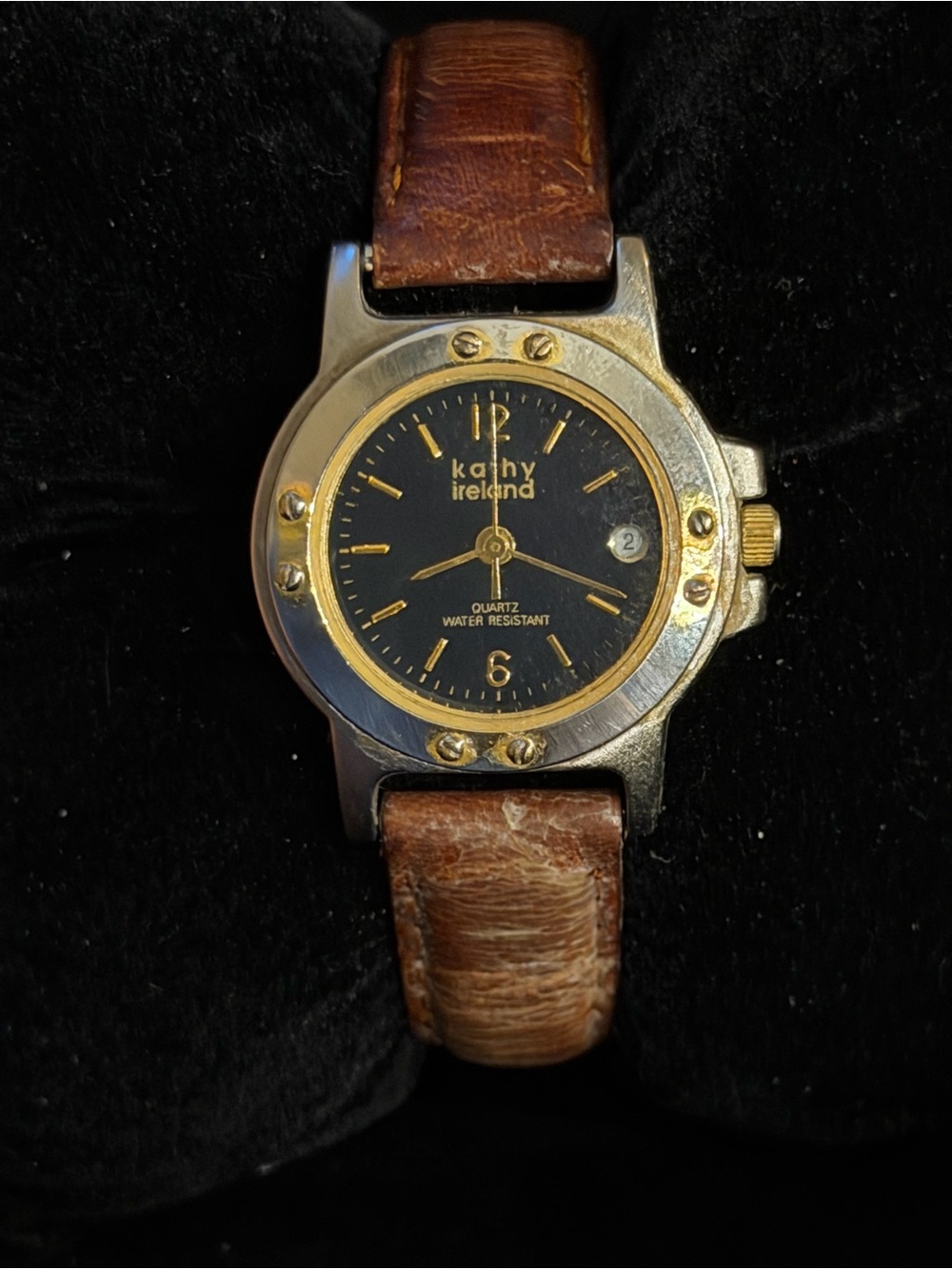 kathy ireland Black Dial Ladies Watch with Brown Leather Strap